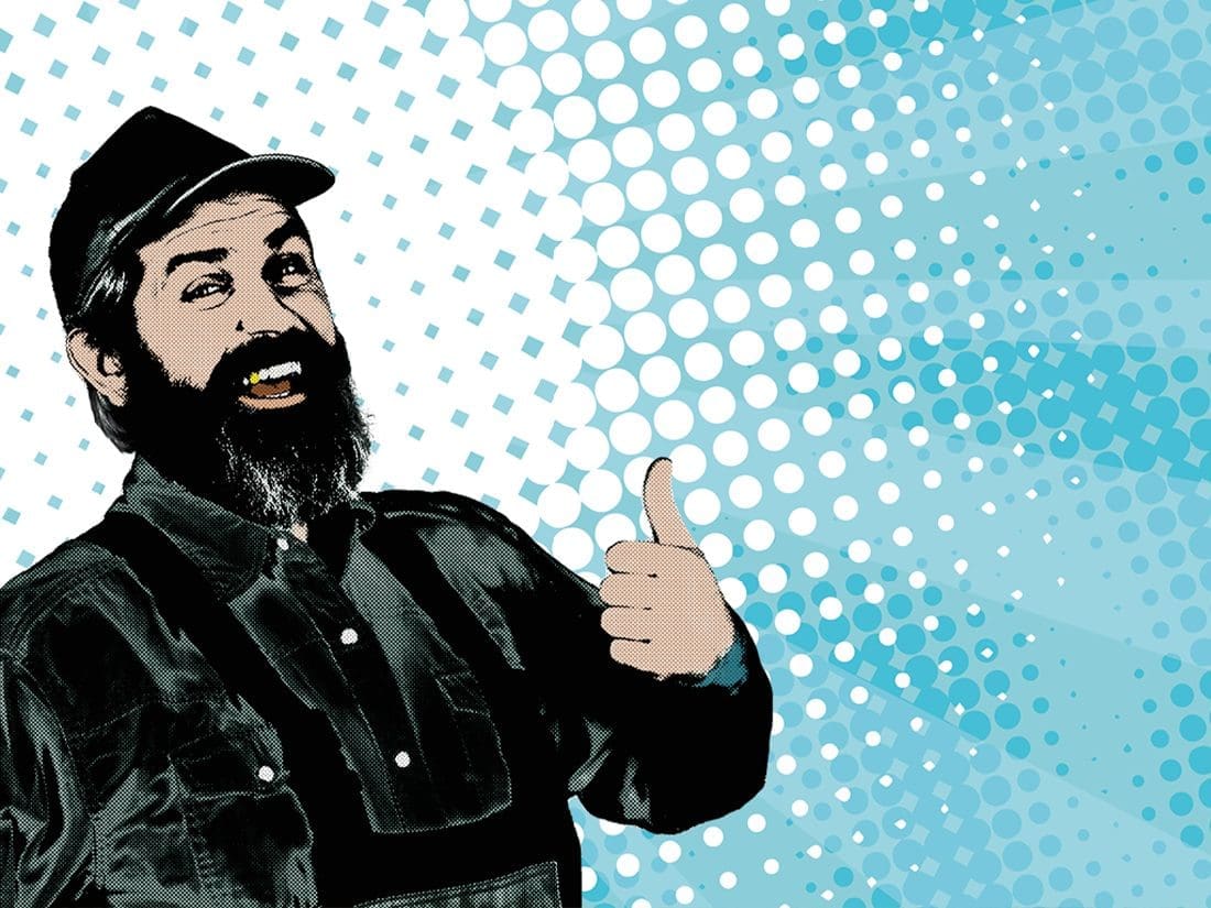 Handwerker der auf goldenem Boden kniet