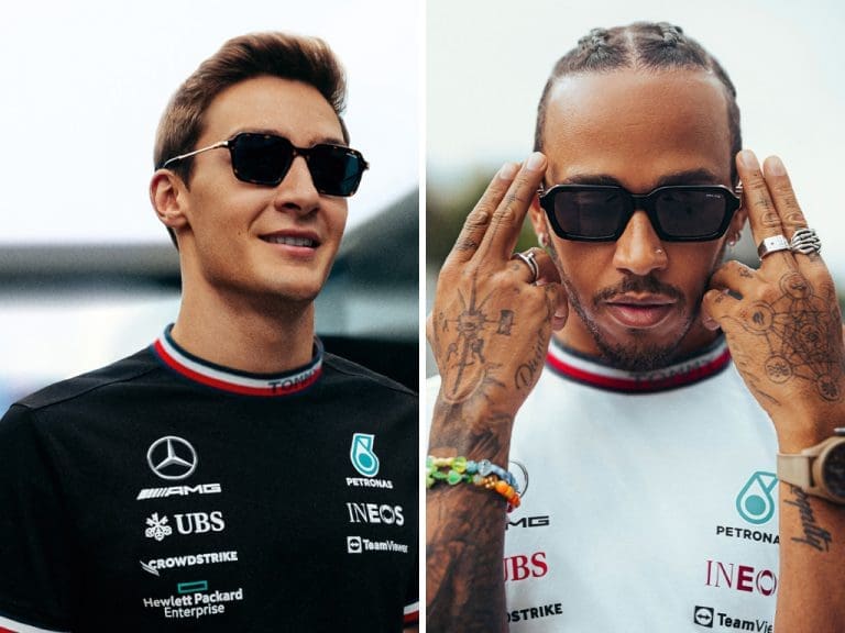 Die Mercedes Formel-1-Fahrer George Russell und Lewis Hamilton tragen Police-Brillen von De Rigo