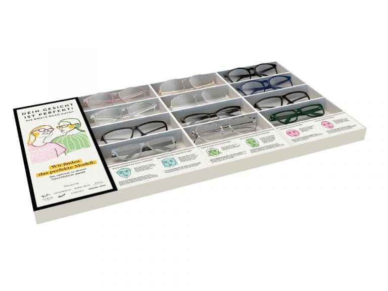 EssilorLuxottica-Brillen-Tray, in dem 12 Brillenfassungen sechs unterschiedlichen Gesichtsformen zugeordnet sind.