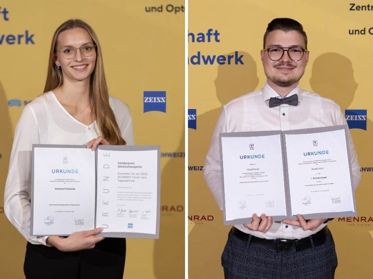 Vanessa Trenschel aus Hessen (Sonderpreis „Gleitsichtsexperte“) und Rudolf Amm, 1. Bundessieger aus Sachsen und Gewinner des Wettbewerbs „Die gute Form im Handwerk – Handwerker gestalten“ auf dem Finale der Deutschen Meisterschaft im Augenoptiker-Handwerk 2023