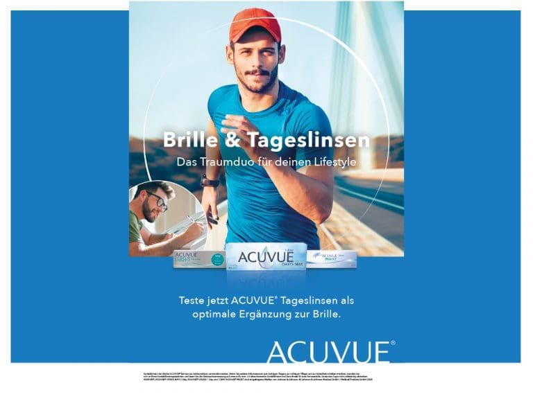 Kampagnenmotiv „Brille & Tageslinse. Das Traumduo deinen Lifestyle“ von Johnson & Johnson Vision