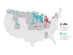 Landkarte der USA zeigt als Punkte die 224 Niederlassungen von Fielmann USA