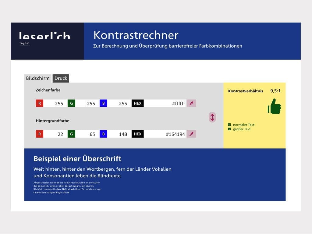 Kontrastrechner der Website leserlich.info