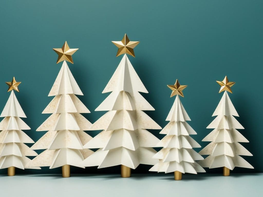 Weihnachtsgruß der FOCUS-Redaktion, weiße Tannenbäume vor grünem Hintergrund