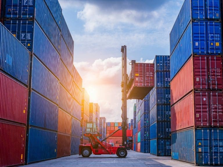 Gabelstapler hebt Waren-Container inmitten zahlreicher Container in die Höhe