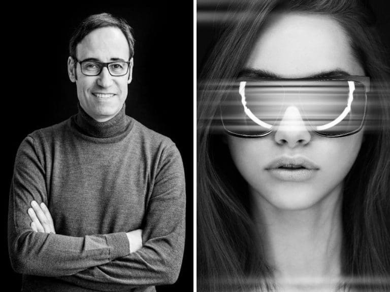 links) Präsident der Jury des 4. Silmo Paris Optical Design-Contest Michel Penneman und (rechts) die Vorstellung einer Superhelden-Brille