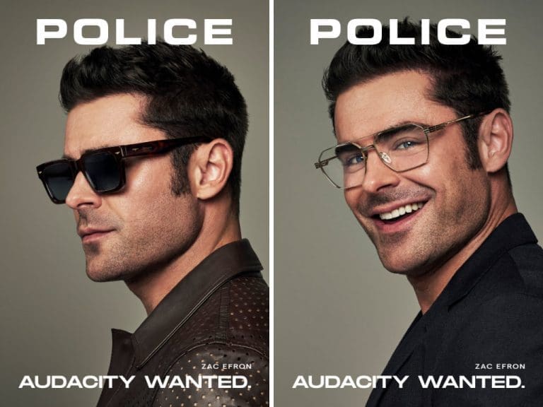 Zac Efron als Gesicht der Police-Kampagne zur Brillenkollektion Frühjahr/Sommer 2025 von De Rigo