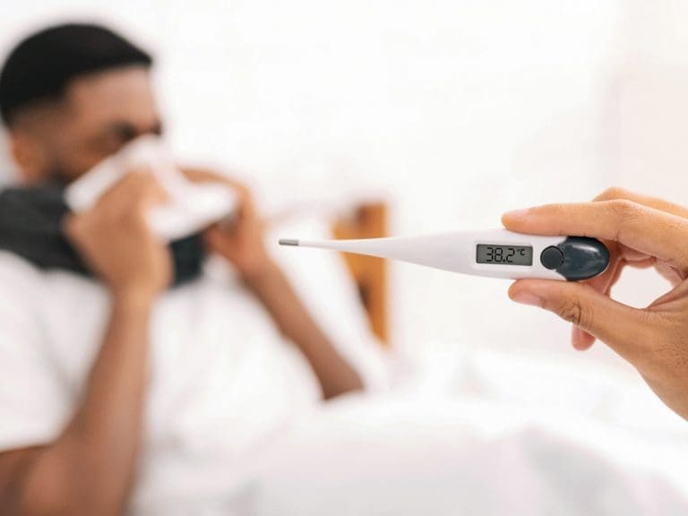 Erkrankter Mann im Hintergrund, Fieberthermometer im Vordergrund zeigt erhöhte Temperatur an