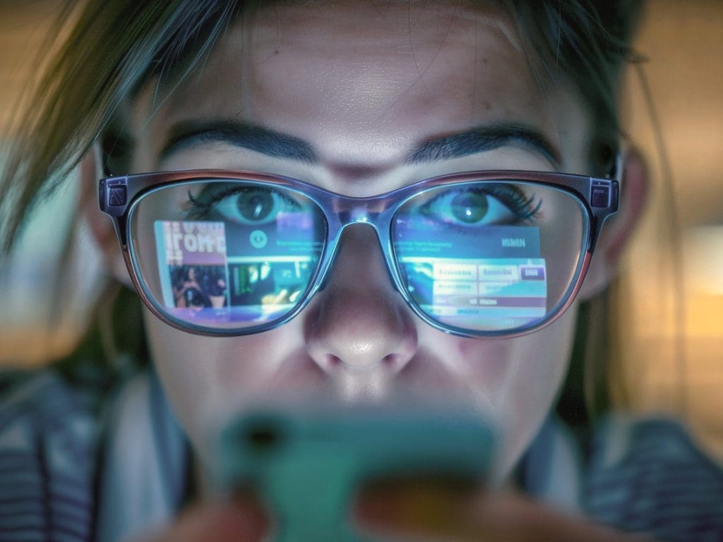 Junge Frau mit Brille schaut auf Smartphone