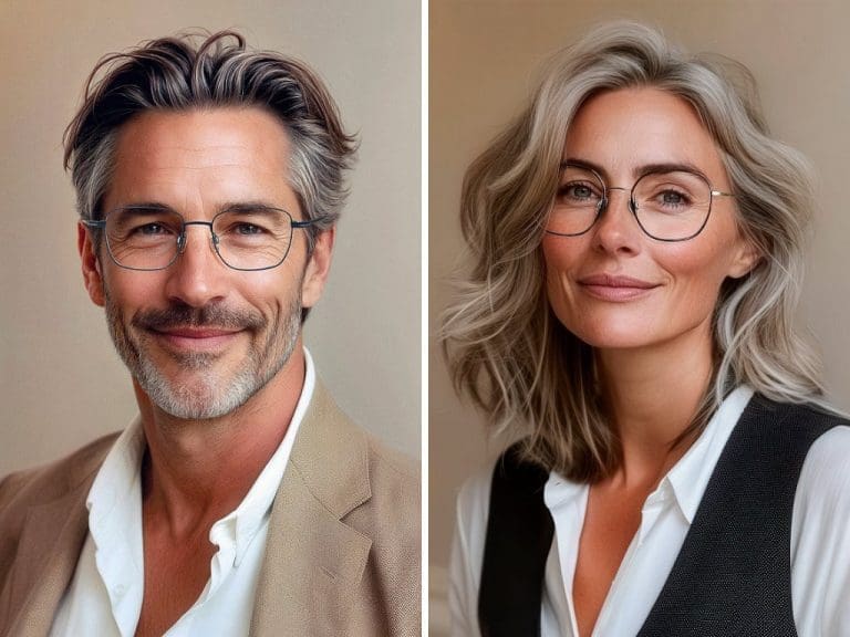 KI-generierte Visuals zur neuen Charmant Titanium Perfection-Kollektion zeigen links einen Brillenträger und rechts eine Brillenträgerin