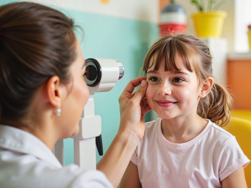 Frau macht Sehtest bei jungem Mädchen