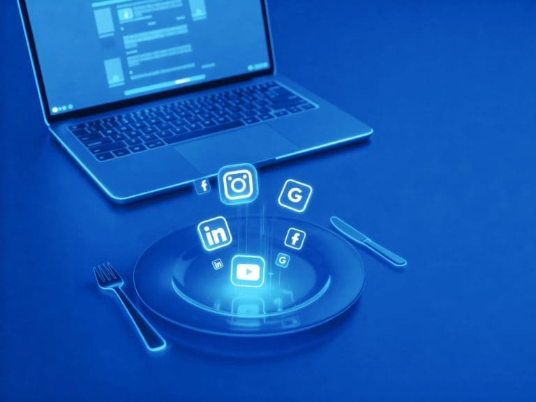 Key-Visual zur Webinar-Reihe „Lunch & Learn“ zeigt einen Laptop und Speiseteller mit Social-Media-Icons