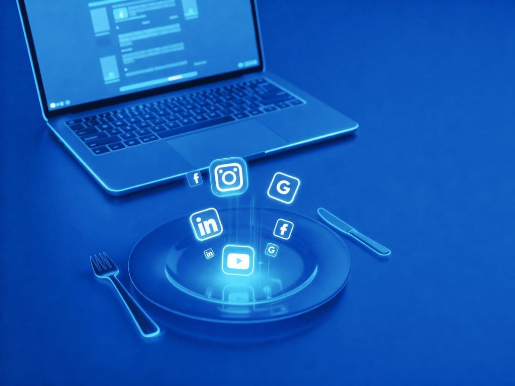 Key-Visual zur Webinar-Reihe „Lunch & Learn“ zeigt einen Laptop und Speiseteller mit Social-Media-Icons